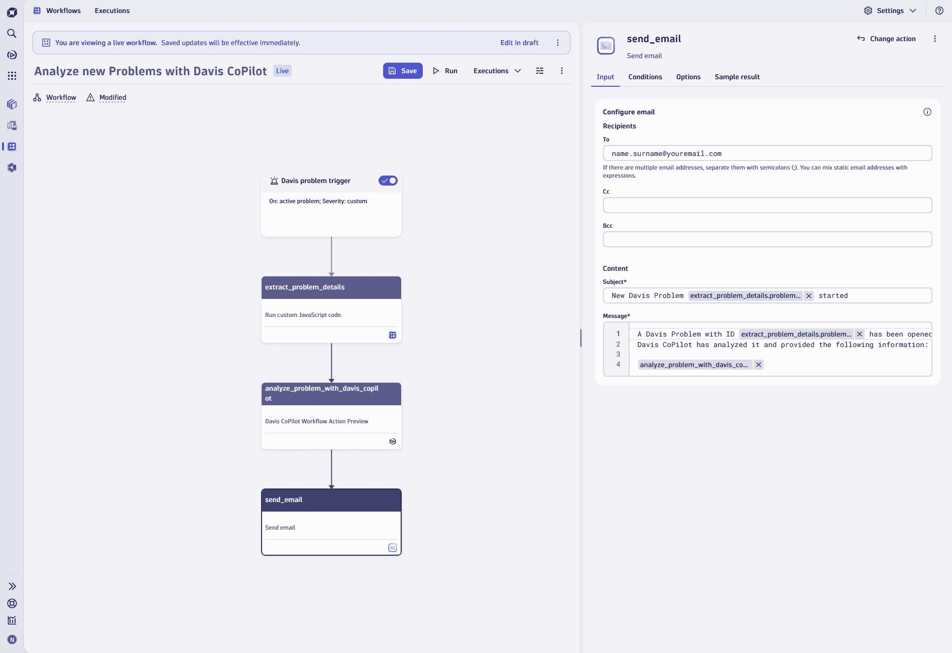 An example of configuring an email to send DavisCoPilot results