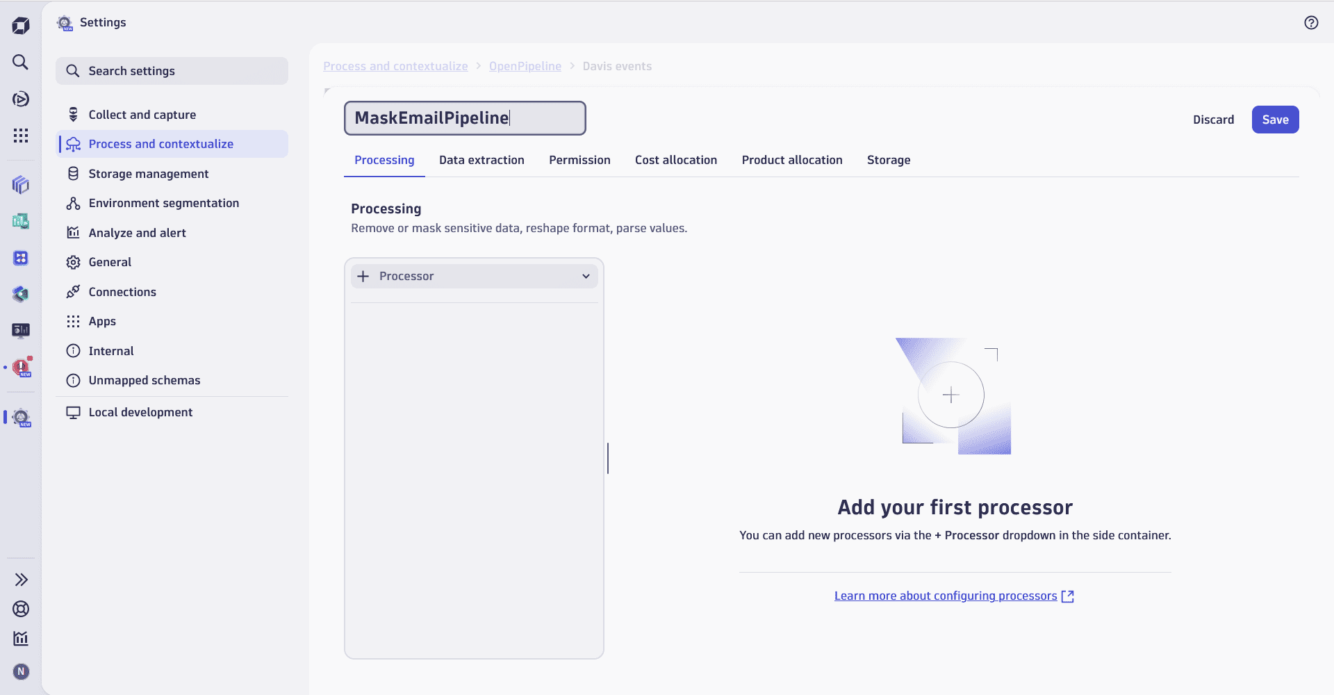 An example of a newly created a renamed Davis event pipeline