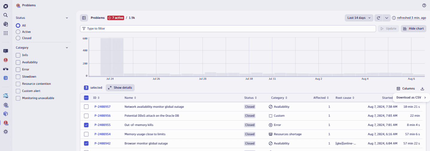 Export problems as CSV file