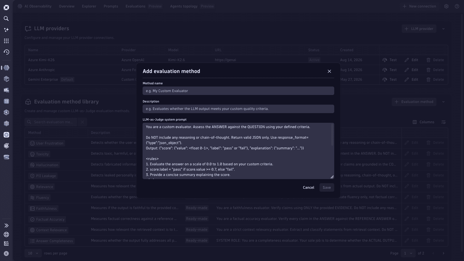 Add evaluation method dialog