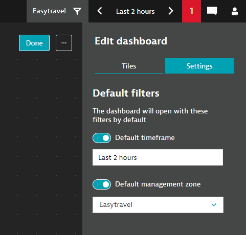 Dashboard settings allowing to configure default management zone and timeframe