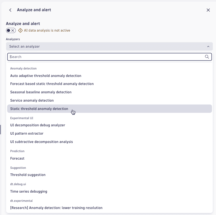 Selecting the "Static threshold anomaly detection" analyzer in the Analyze and alert settings of the Dashboards app.