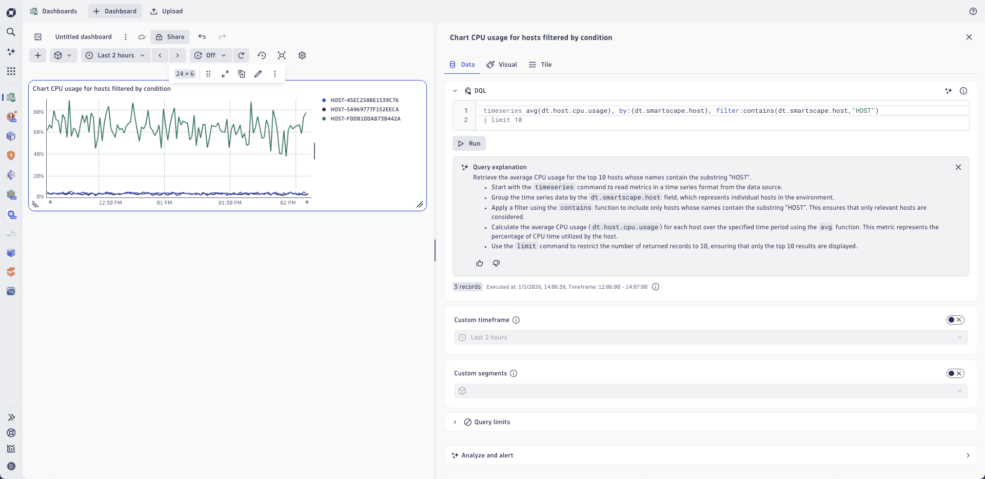 An example of a Generative AI explanation and summary of a query in Dashboards.