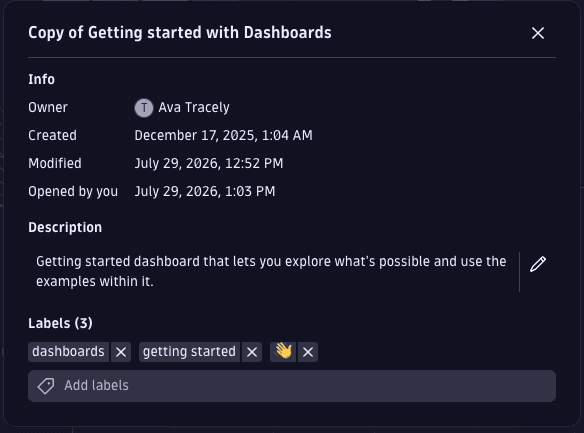 Example "Info & labels" window