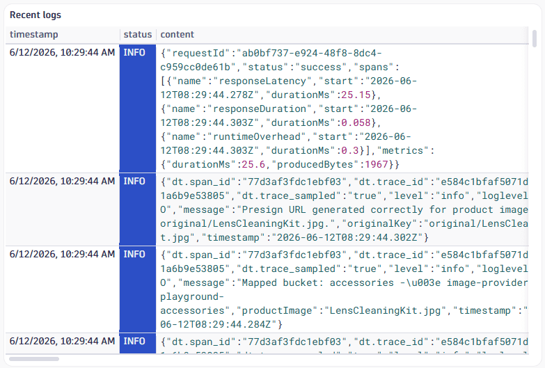 Predefined tile: Recent logs