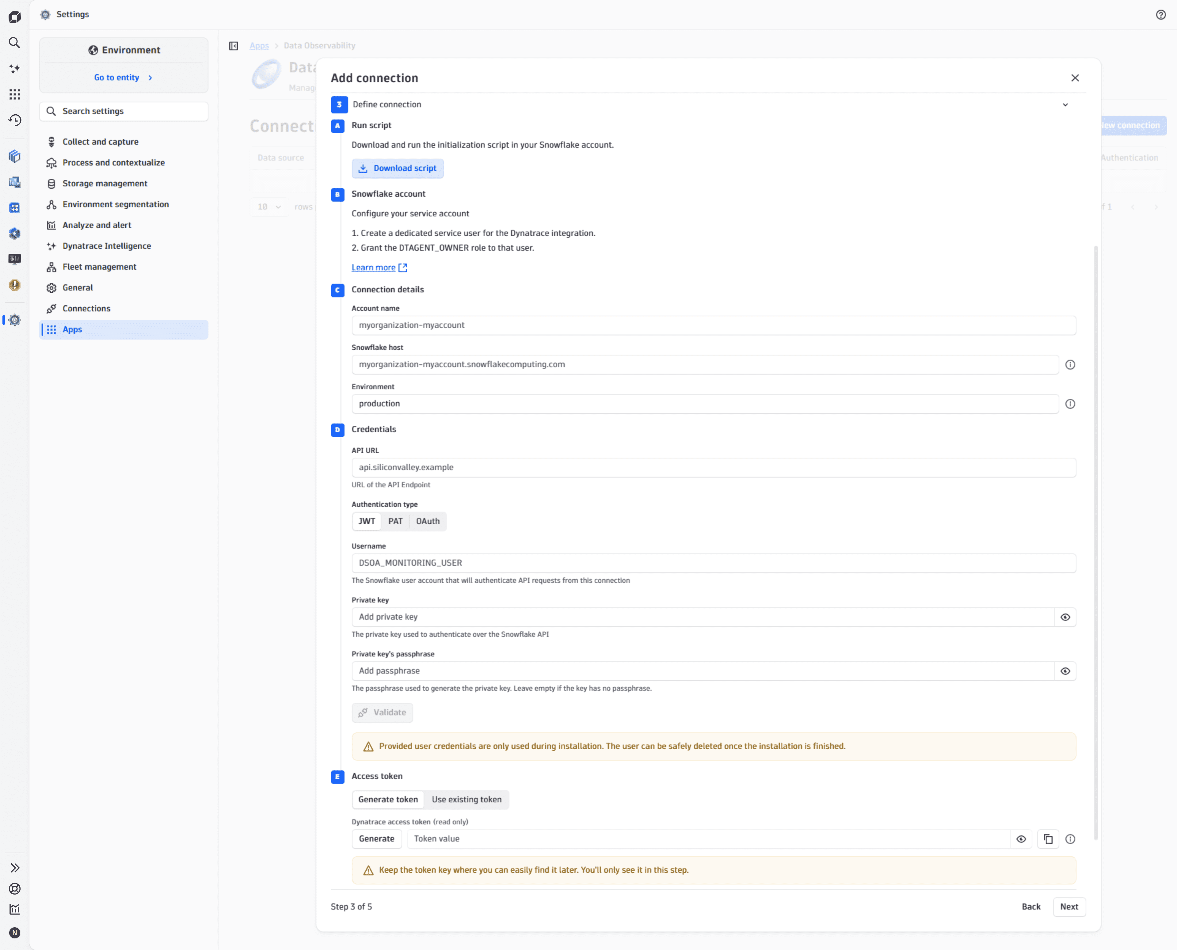 Data Observability app: New connection > Define connection step with scripts run by Dynatrace