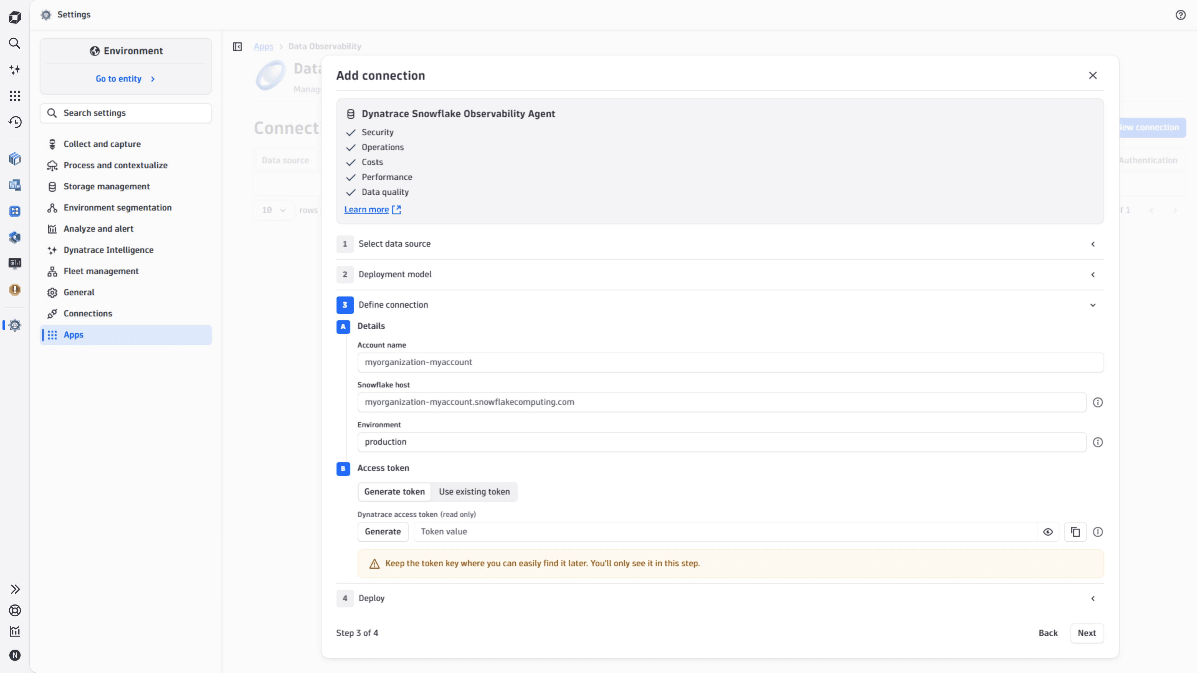 Data Observability app: New connection > Define connection step with scripts run by the user