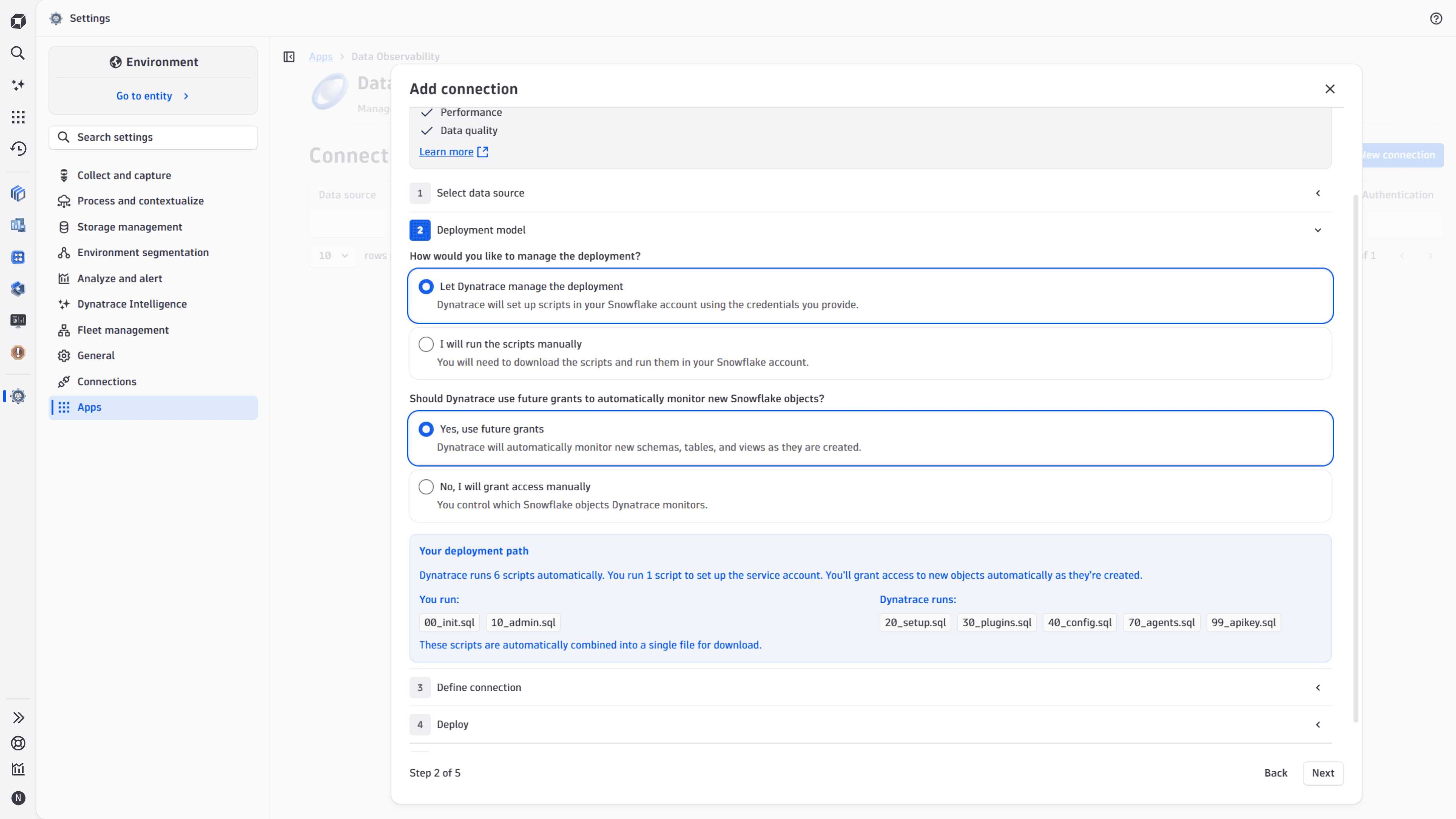 Data Observability app: New connection > Deployment model step