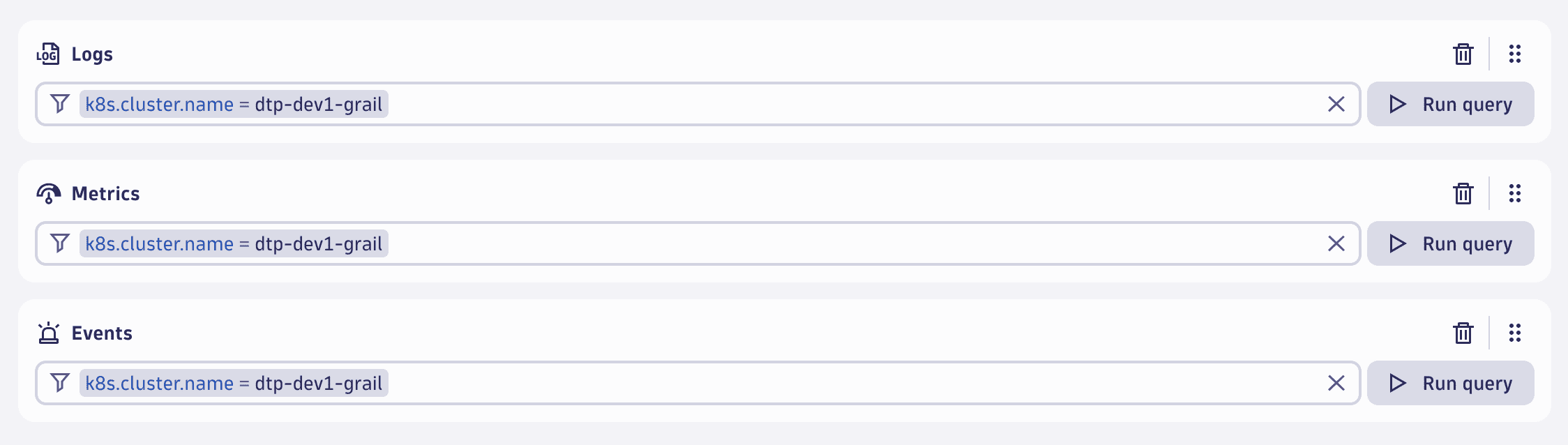 Segments: data types example: three include blocks added to include logs, metrics, and events