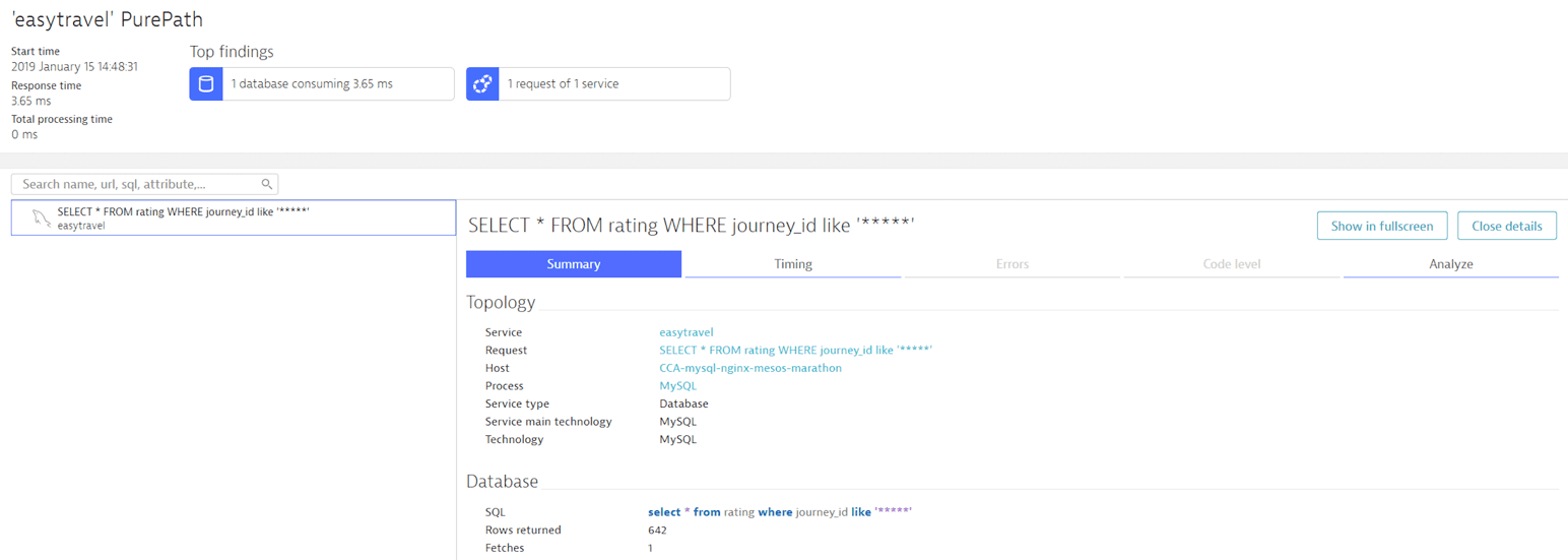 Database query showing number of returned rows and required fetches