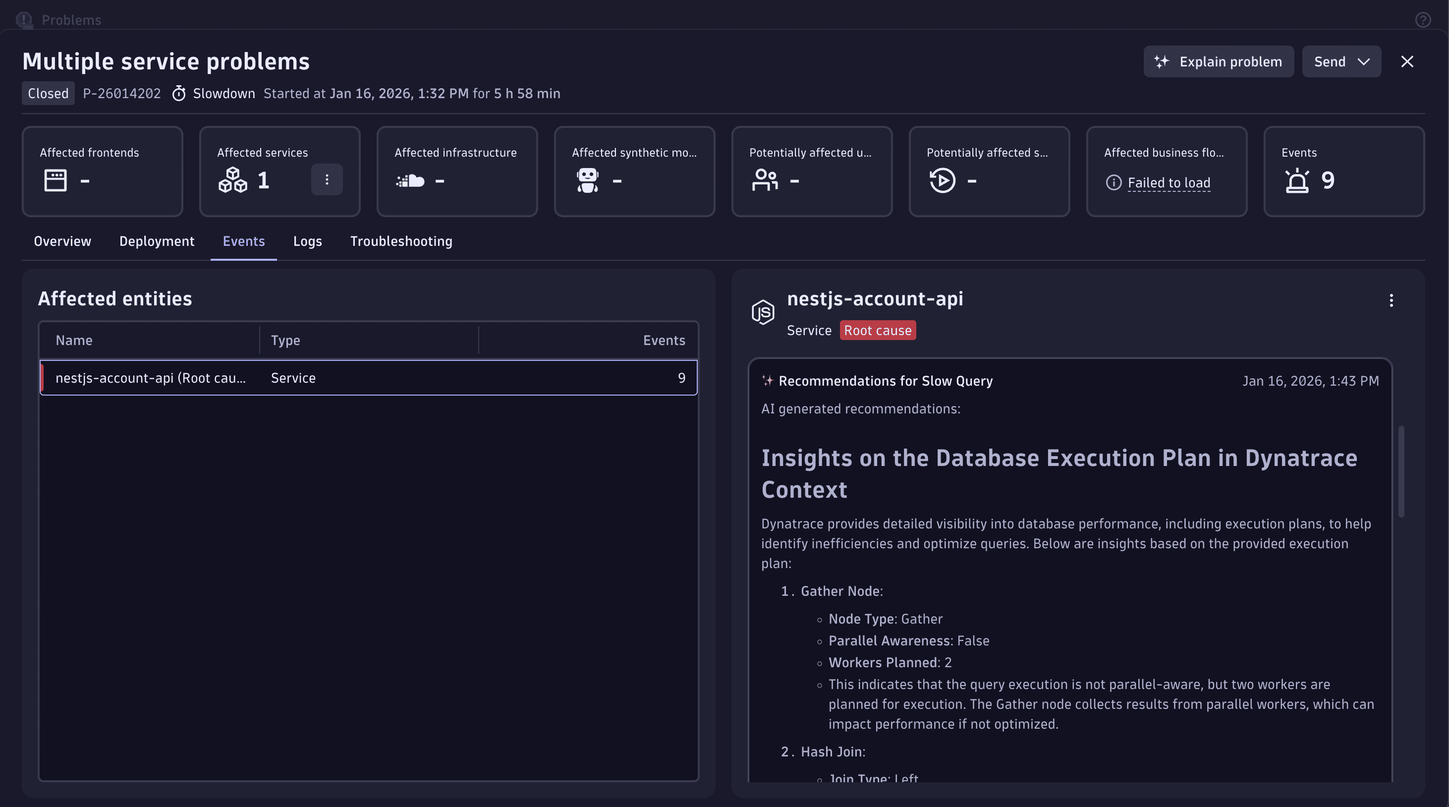 Recommendations by the Database Operations Agent displayed in the Problem card.