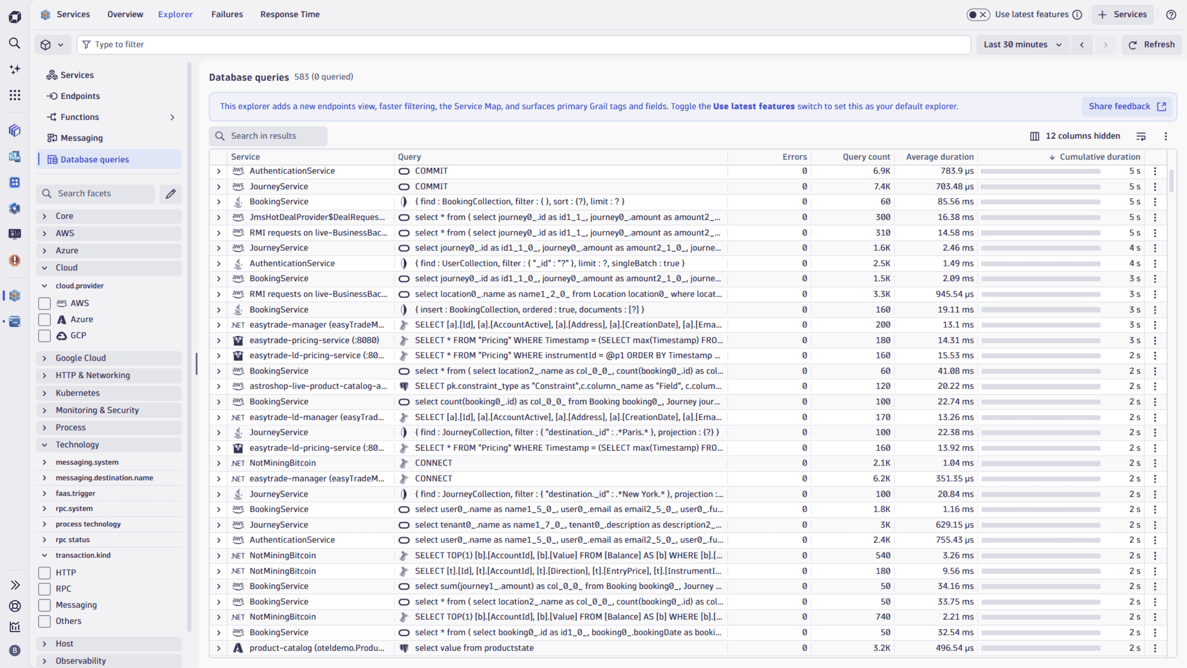 Database queries view in Services