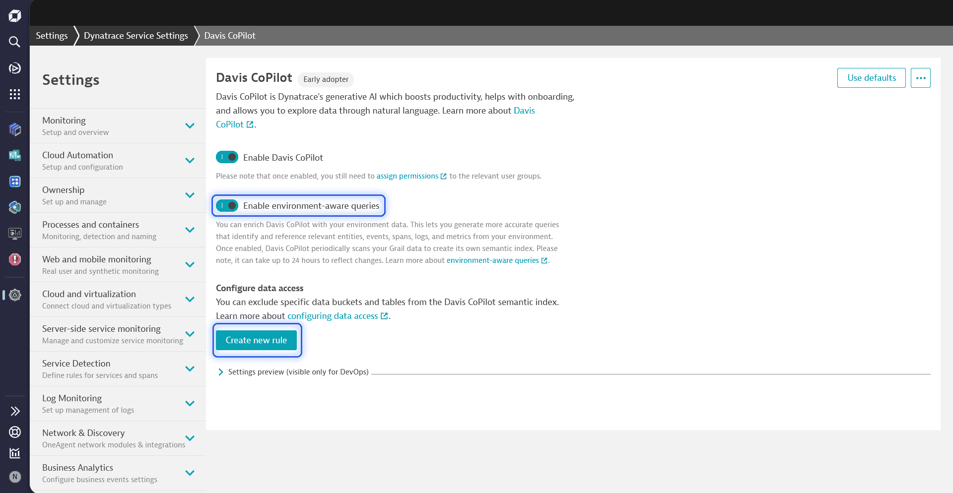 Setting page explaining how to enable environment-aware queries