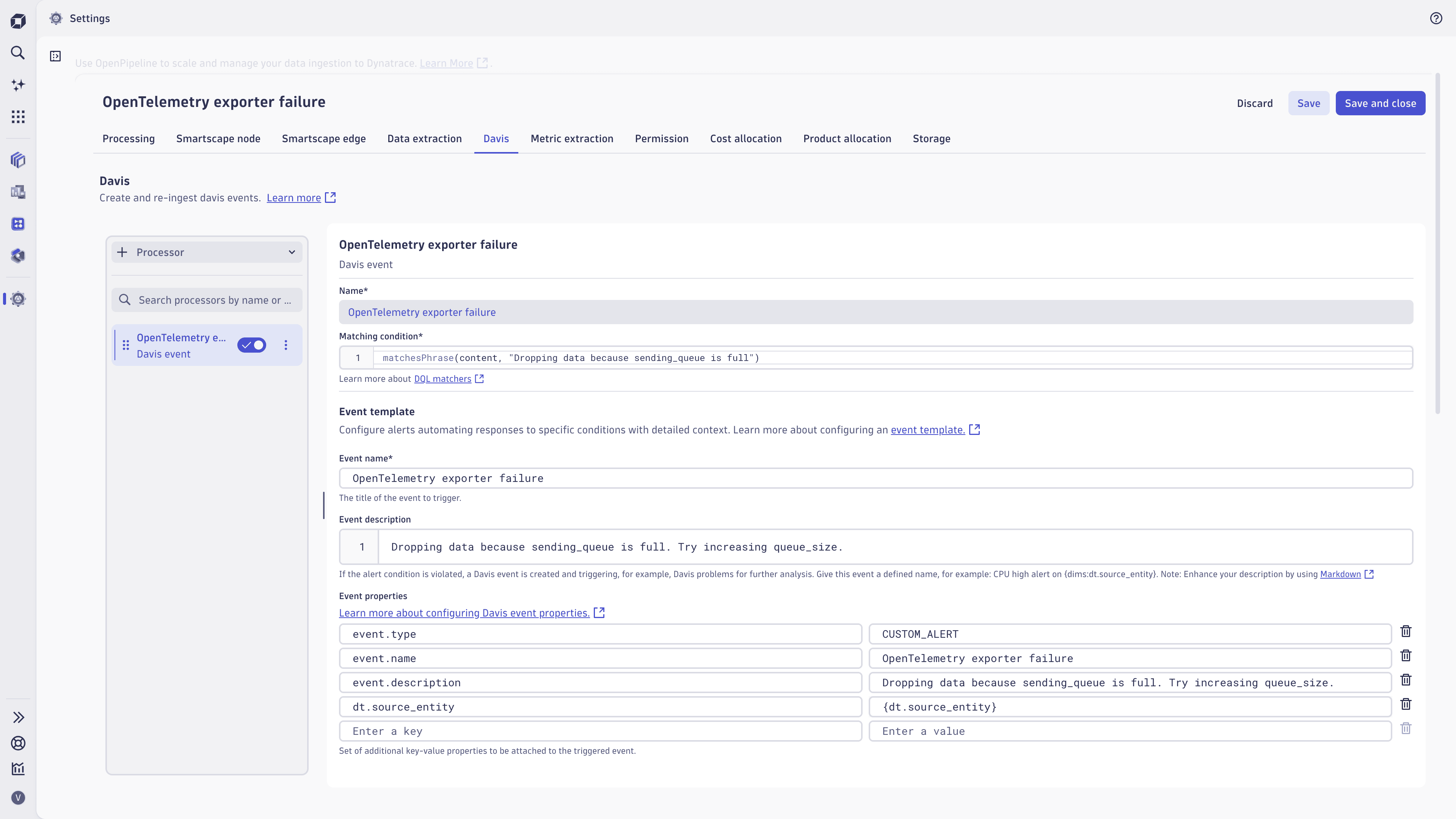 Extract a Davis event from logs via OpenPipeline