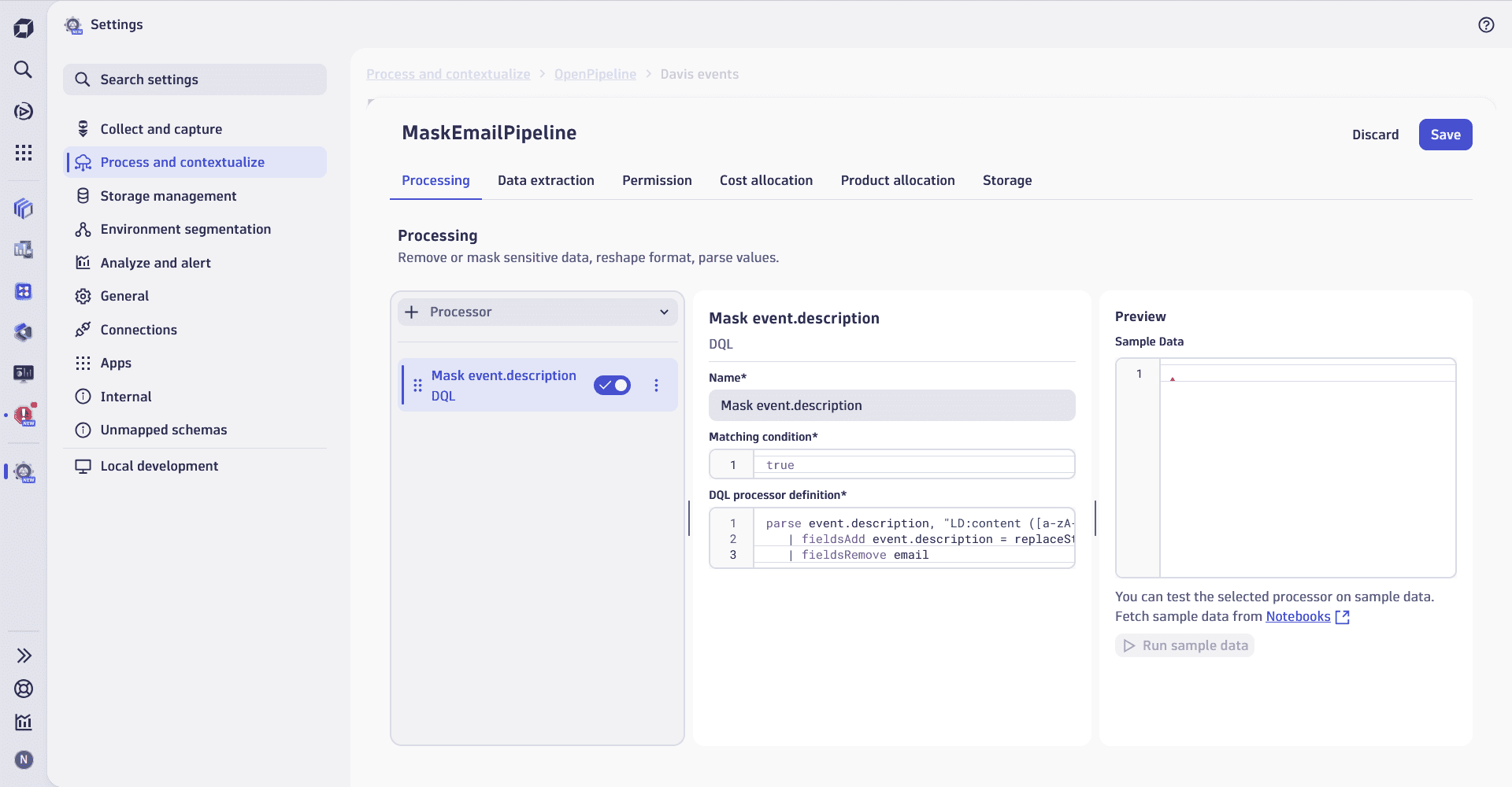 An example configuratin of Davis event pipeline processor used for masking