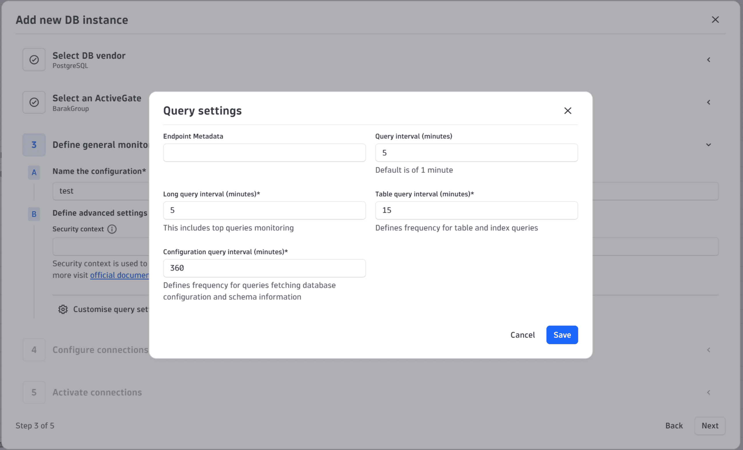 Setting database query intervals