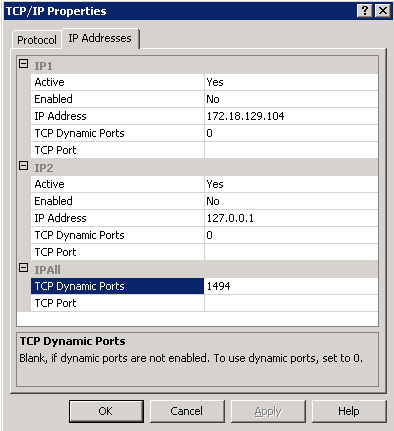 TCP/IP properties for the SQL Server named instance