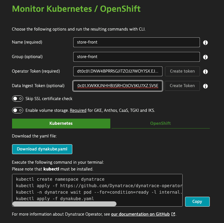 Monitoring Kubernetes Dynatrace deploy page