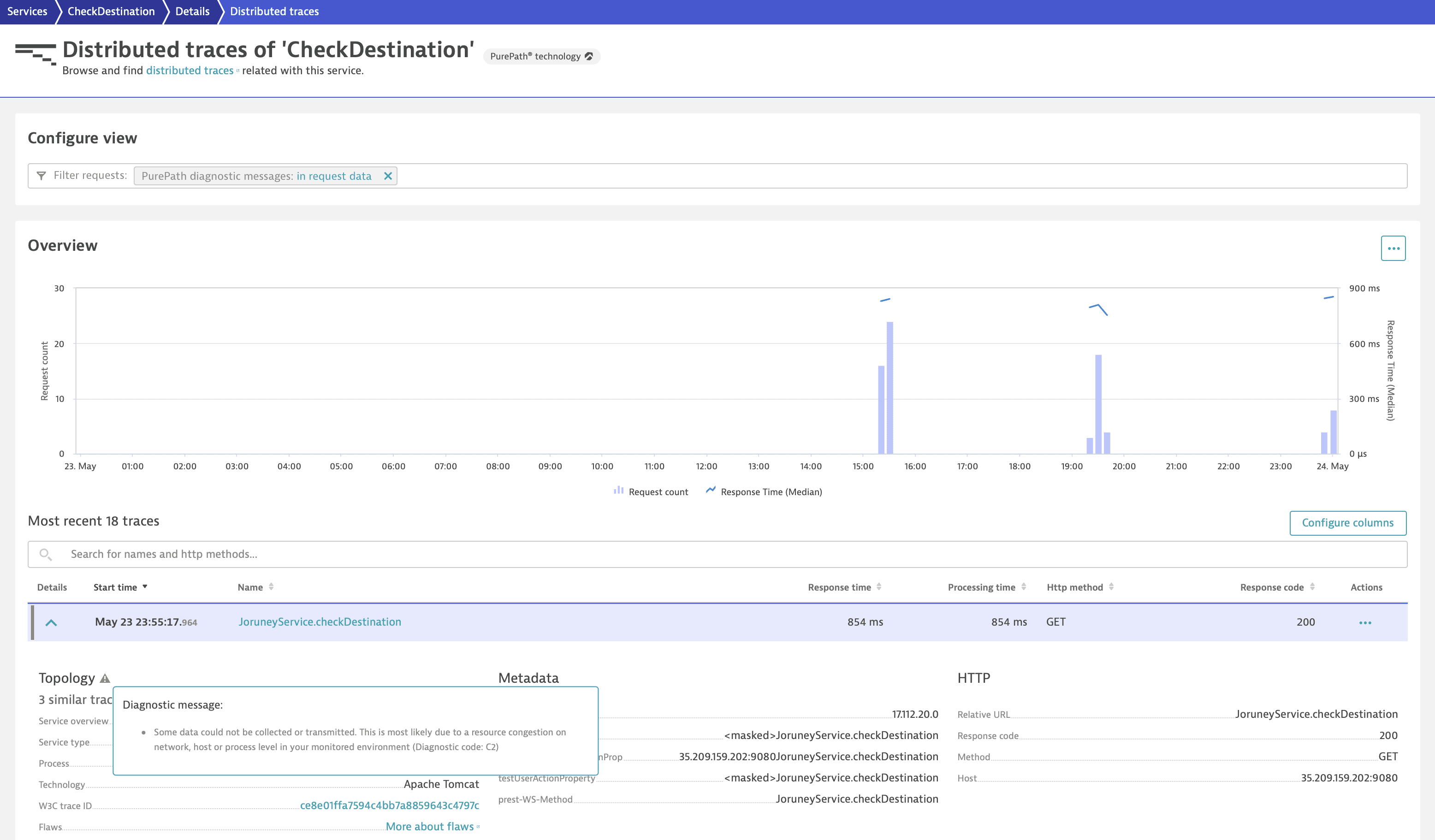 Distributed traces diagnostic message - capture error