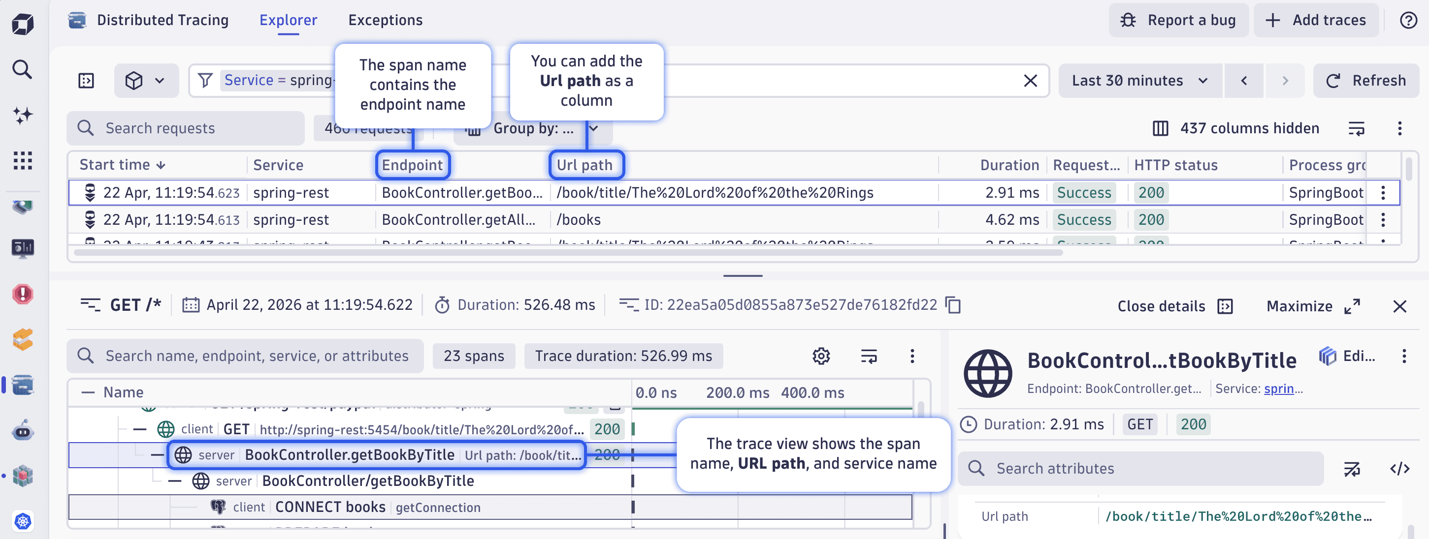 Distributed Tracing app showing span with the name of the endpoint, URL path, and service name
