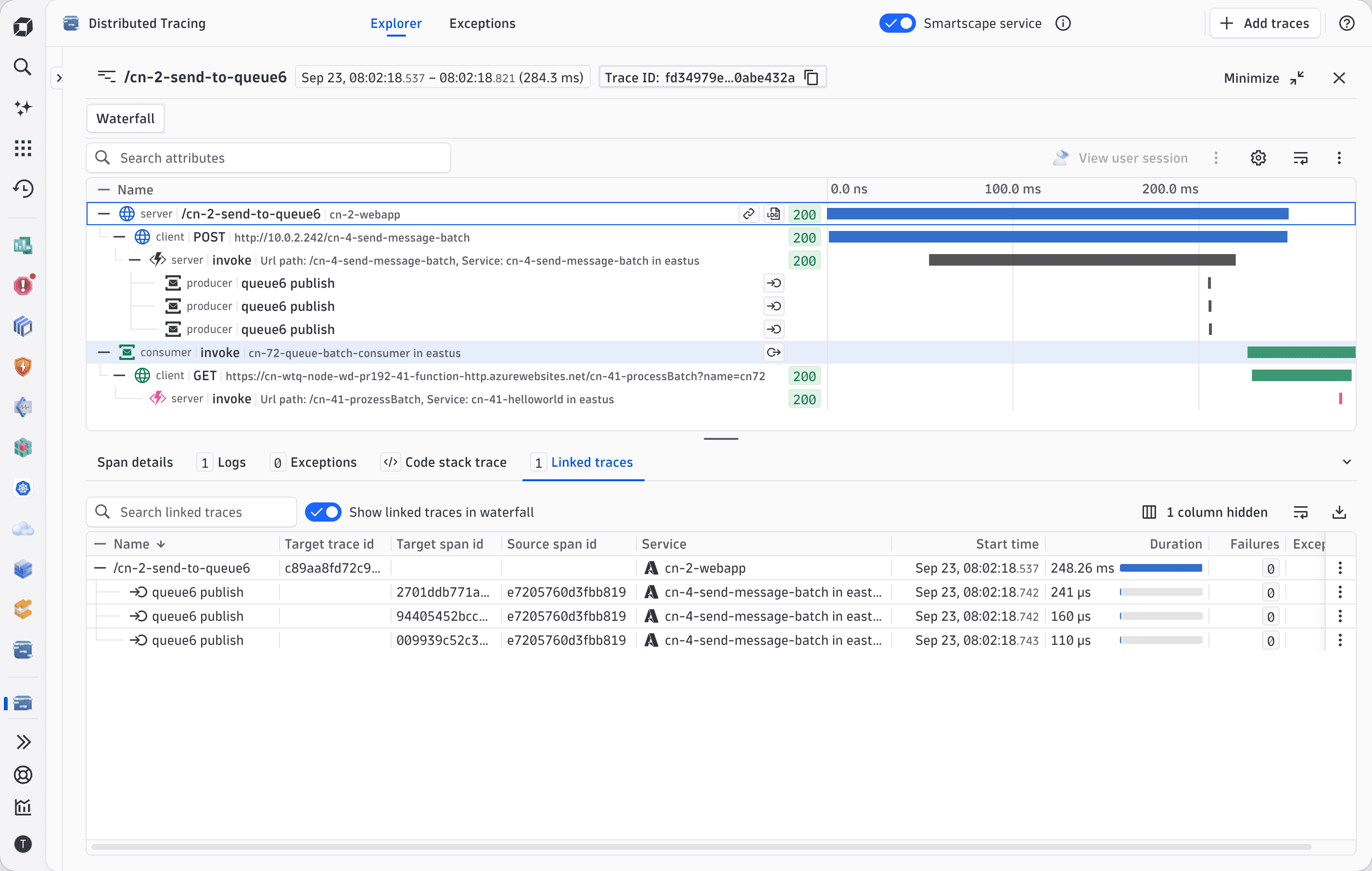 Example AWS serverless and service support in Distributed Tracing app