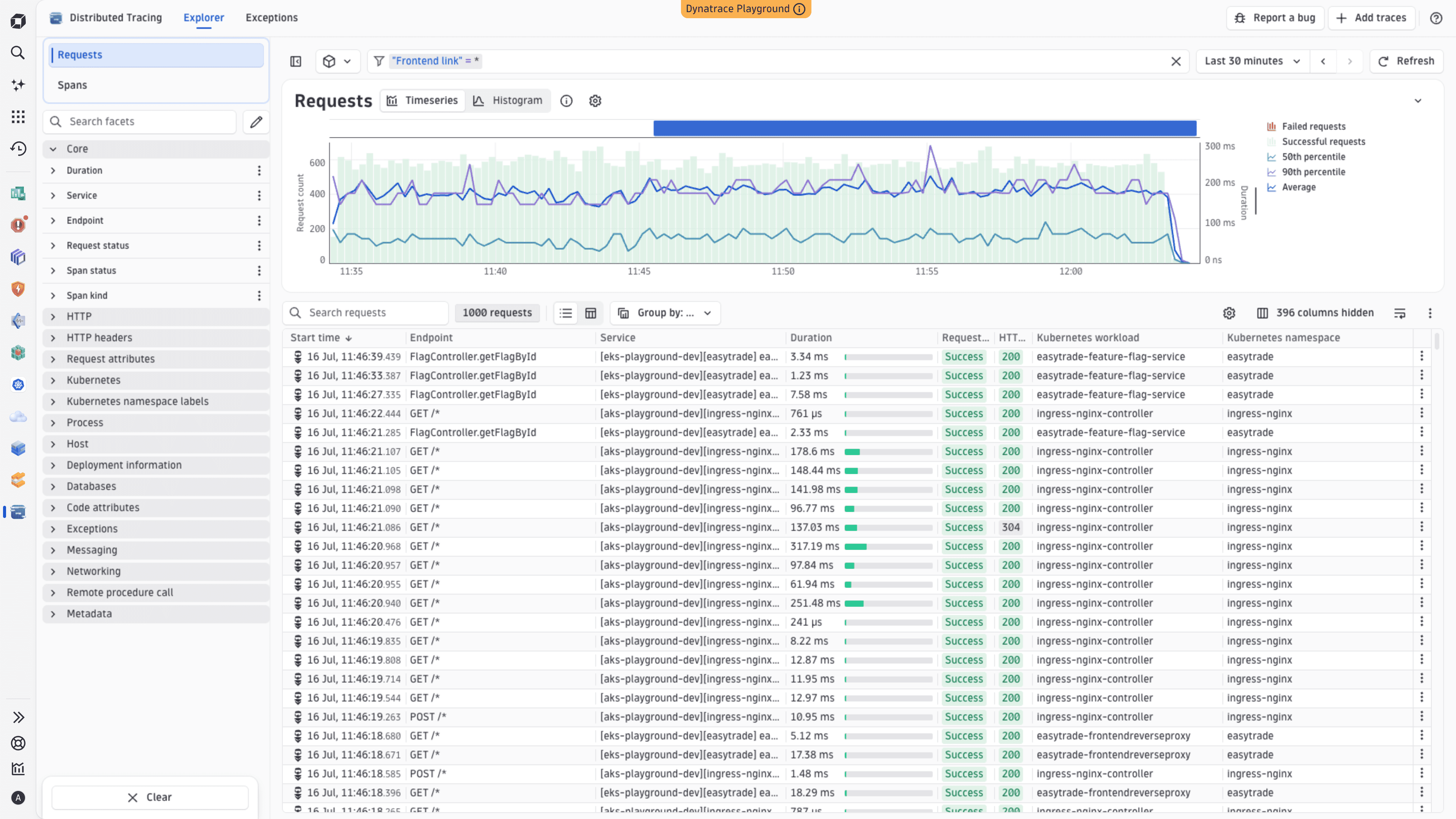 Filtering the trace list in the Distributed Tracing list to show only traces with a frontend link