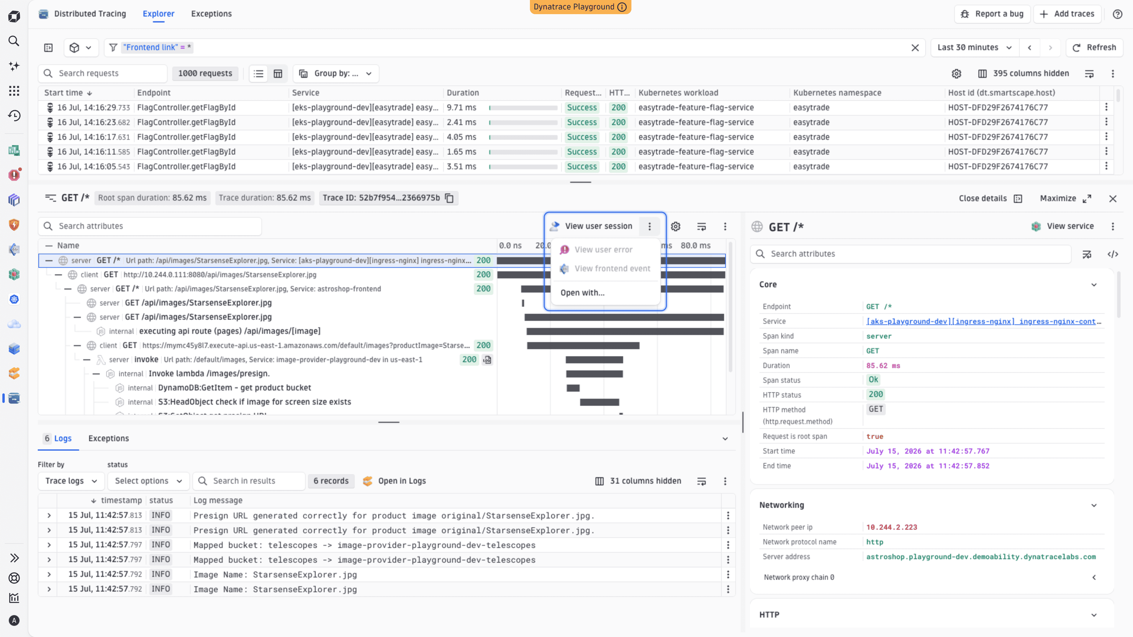 Controls for navigating from the single trace perspective in Distributed Tracing to the frontend context