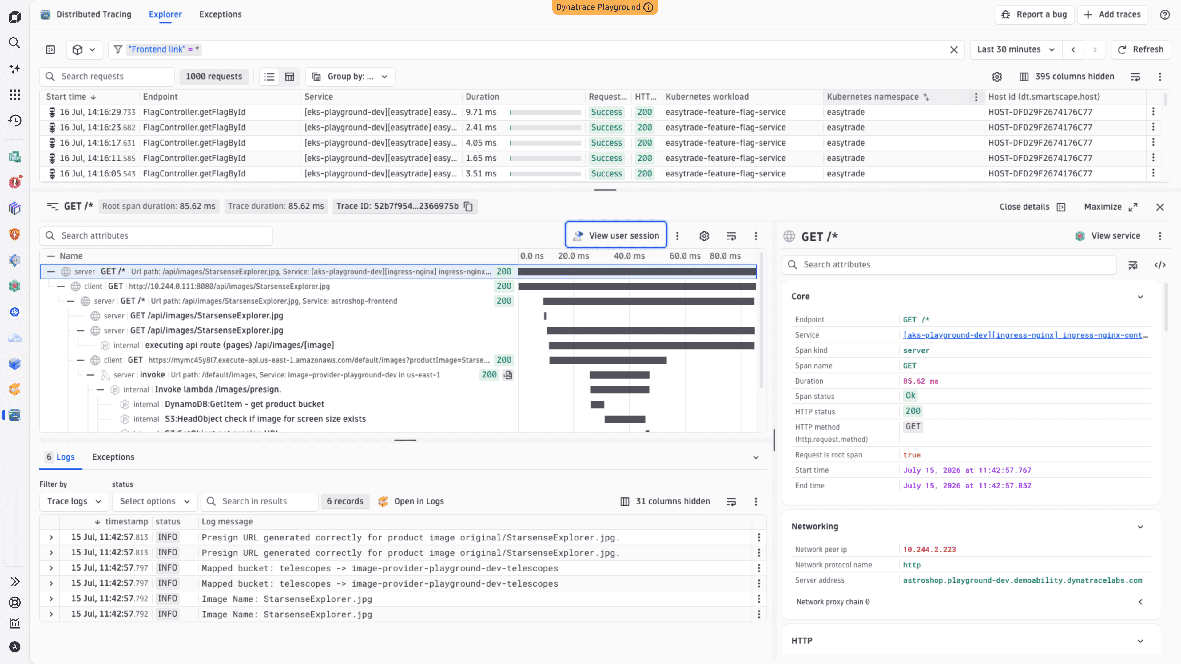 "View user session" option for navigating from the single trace perspective in Distributed Tracing to the session details