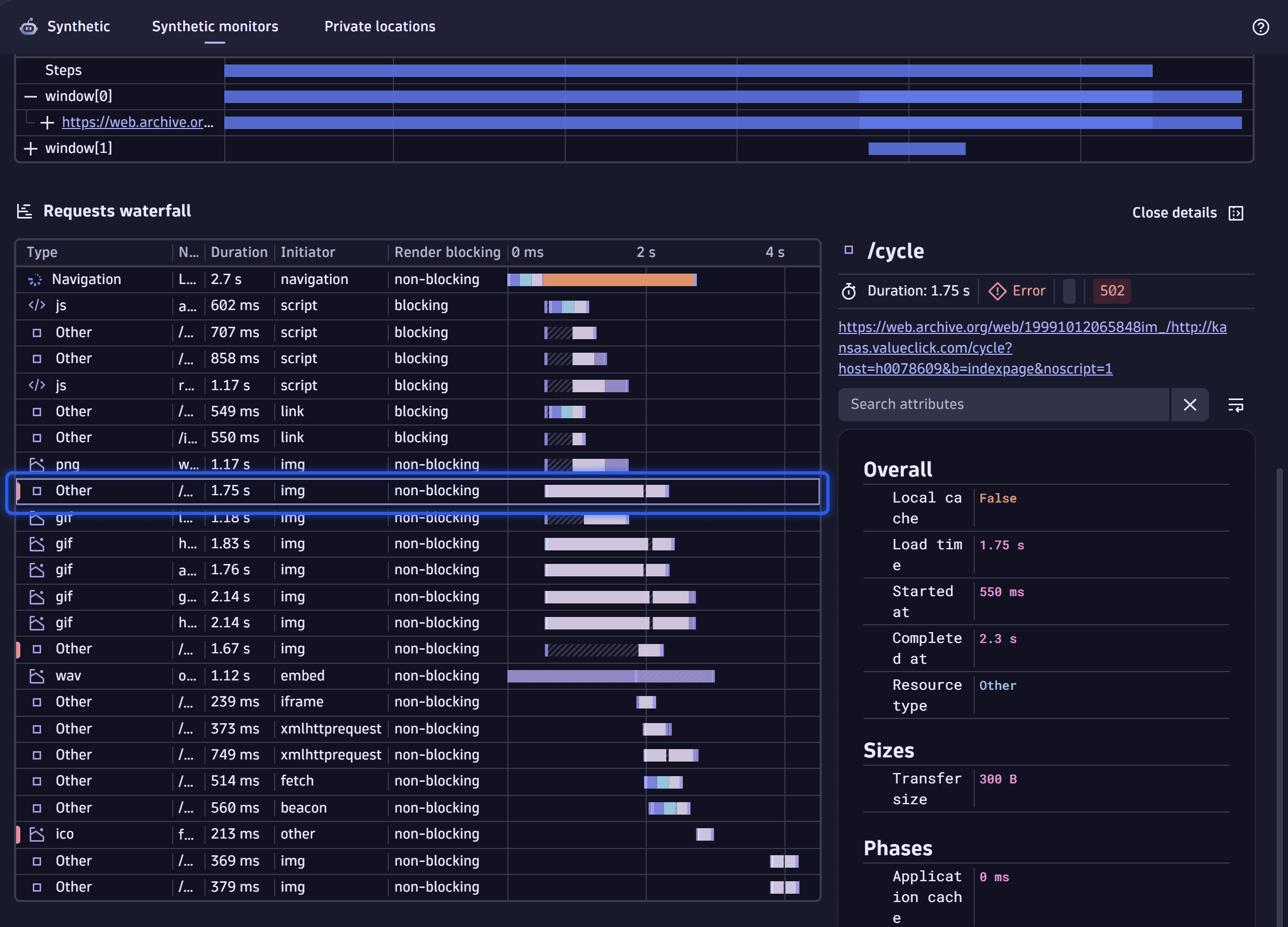 Request waterfall - resources with errors