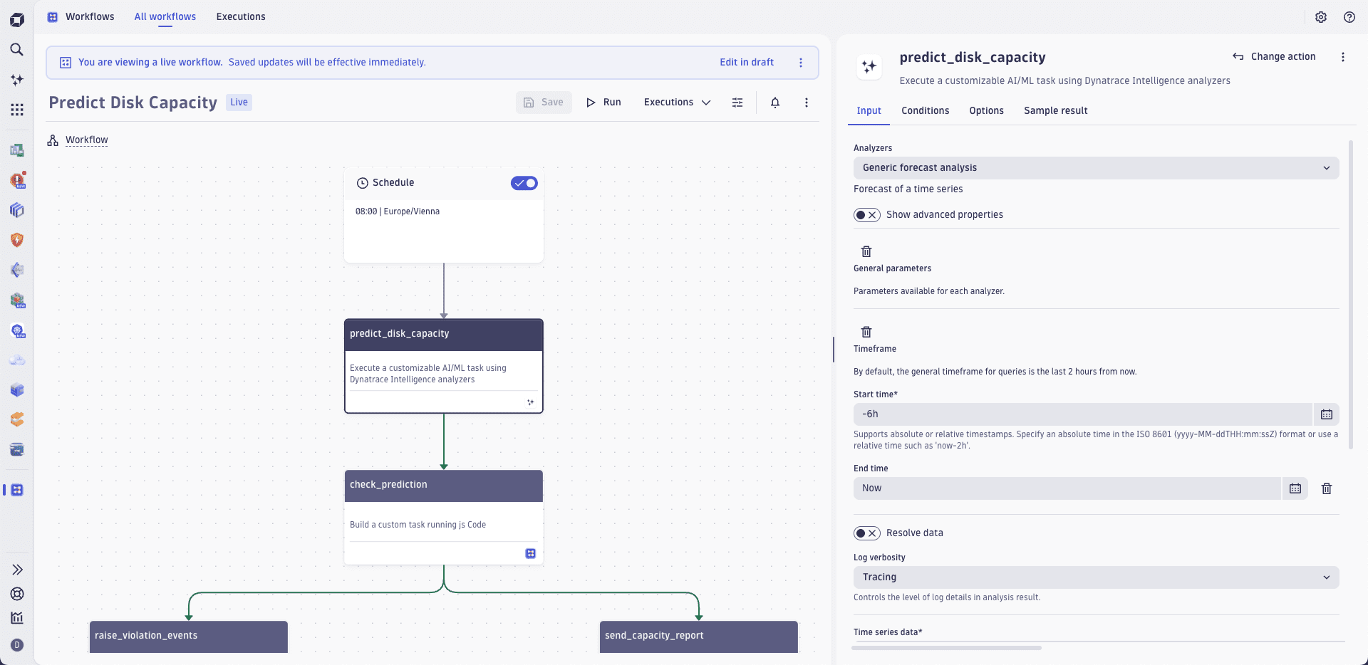Dynatrace Intelligence forecast for workflows in the Workflows app.