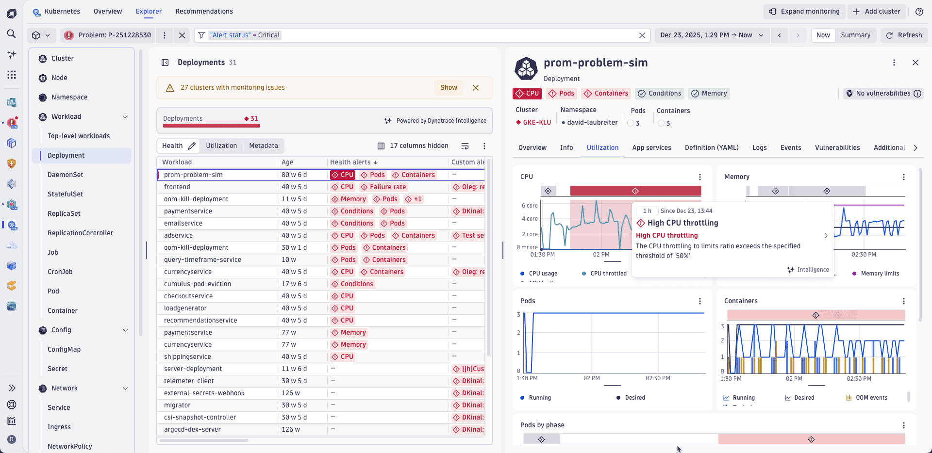 Problem information integrated into the Kubernetes app.