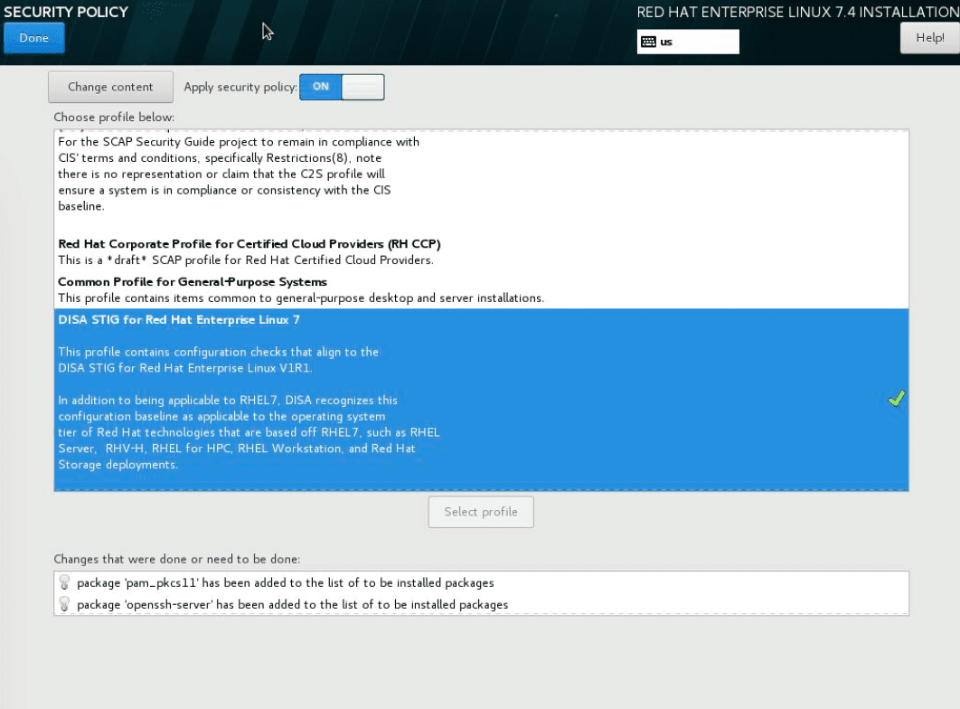 Red Hat screen for selecting security policy