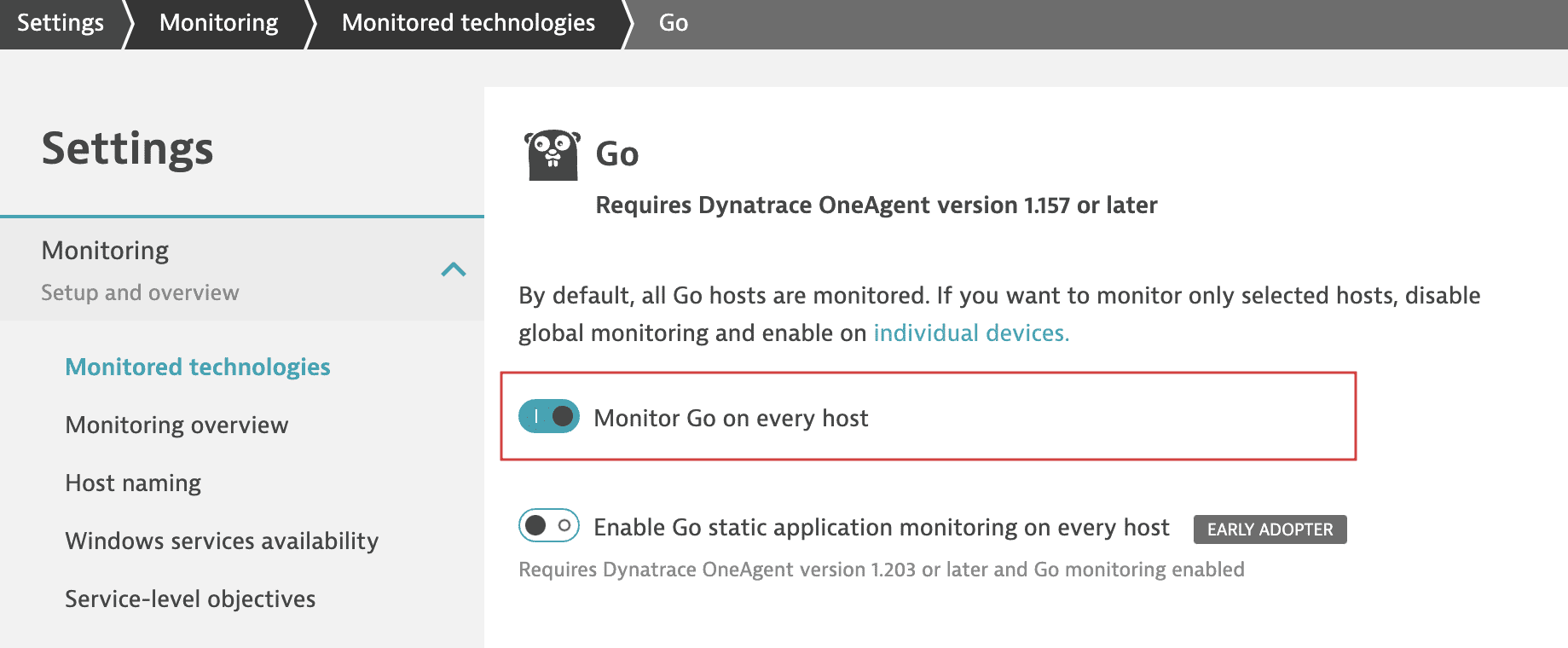 Enable Go monitoring