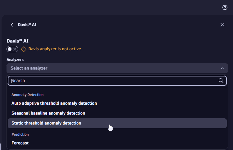 Example: select "Static threshold anomaly detection" analyzer