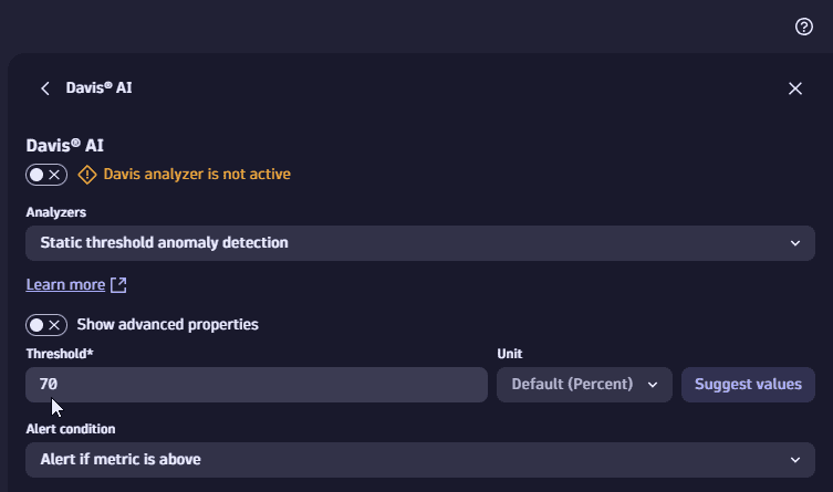 Example: configure settings for "Static threshold anomaly detection" analyzer