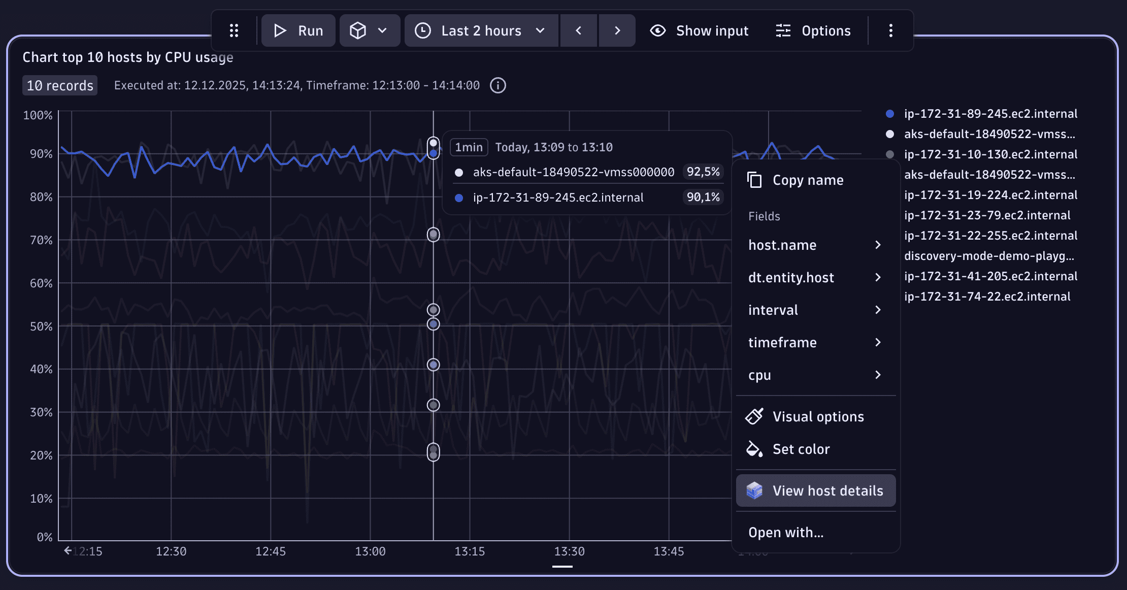 Example default drill-down menu entry