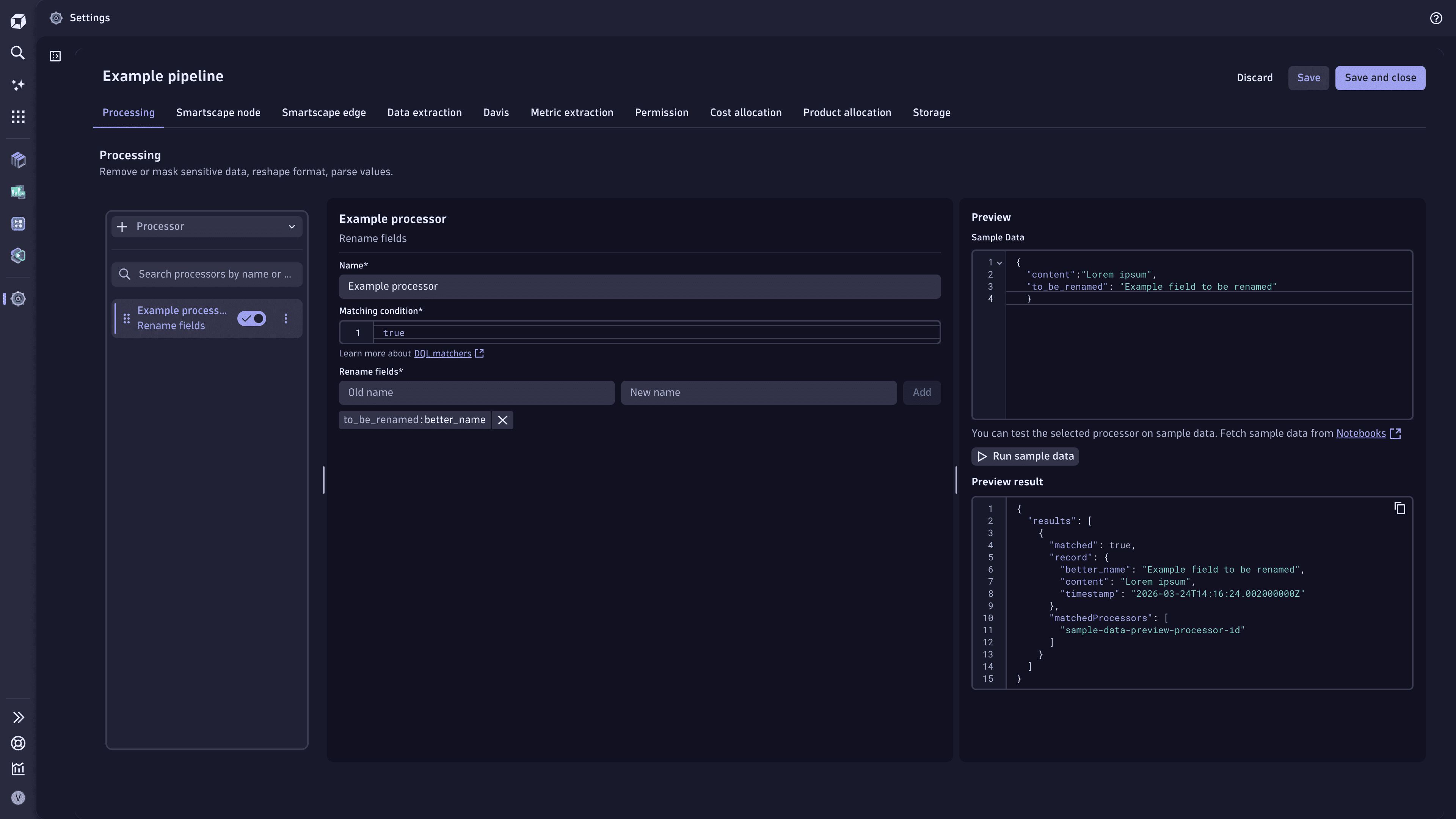Example processor that renames fields in OpenPipeline