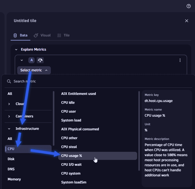 Example: select metric "CPU usage %"