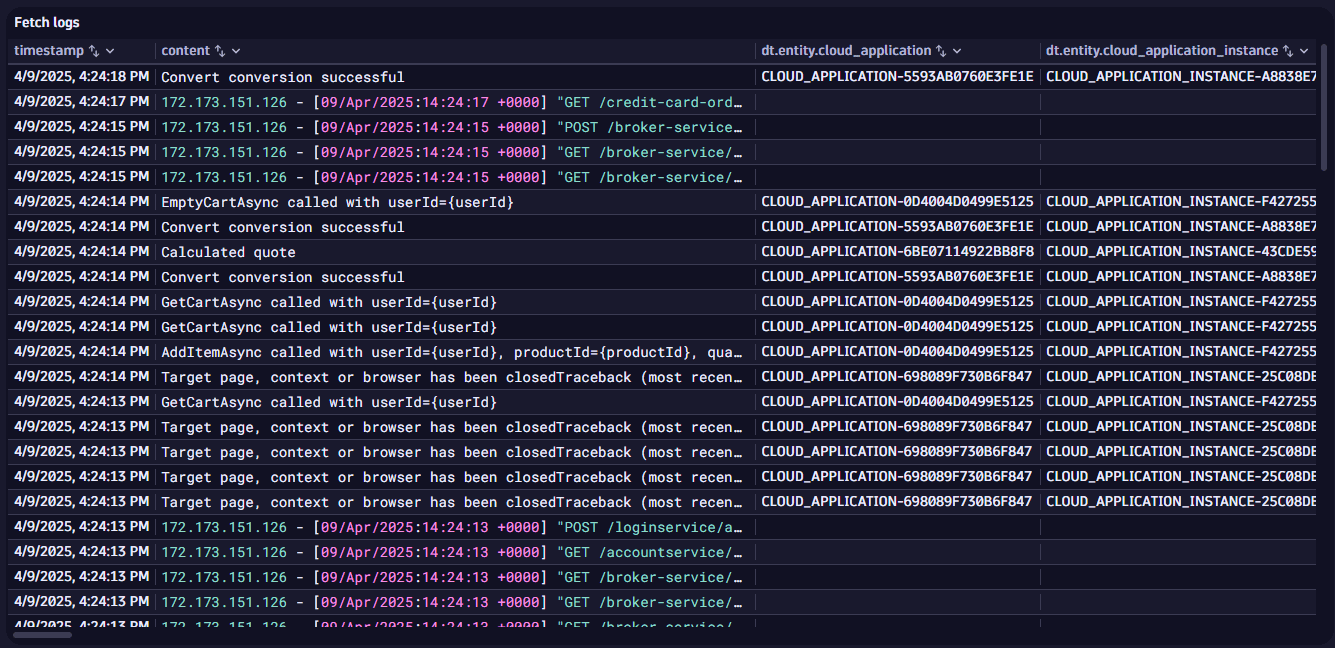 Example snippet: Fetch logs