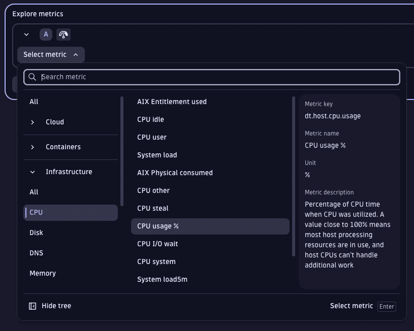 Navigate the menu to select a metric