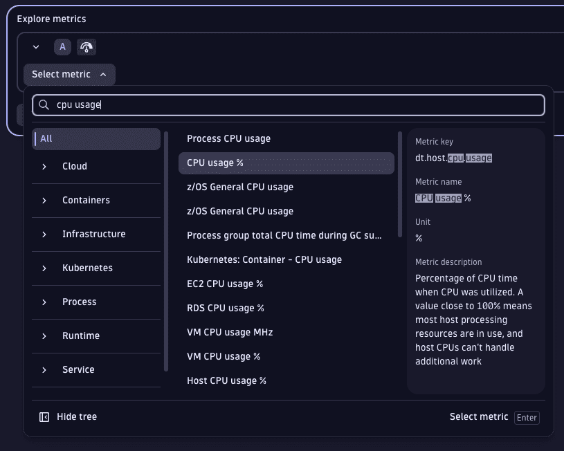 Search for a string and select a metric