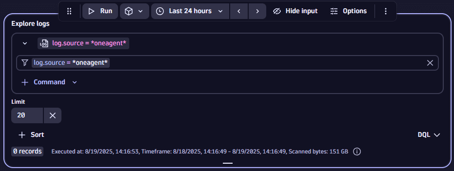 Explore logs example: filter by log.source = oneagent