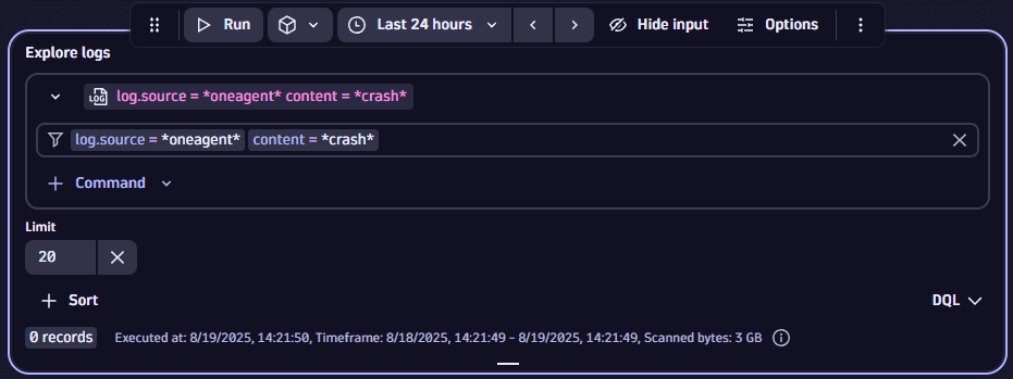 Explore logs example: filter by log.source = oneagent, content = crash