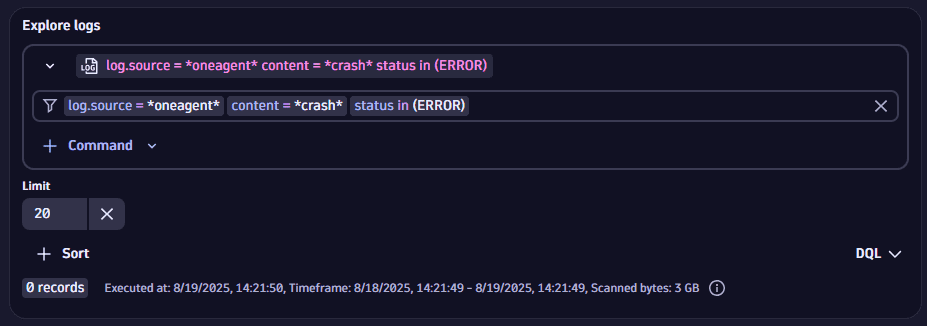 Explore logs example: filter by log.source = oneagent, content = crash, status in ERROR