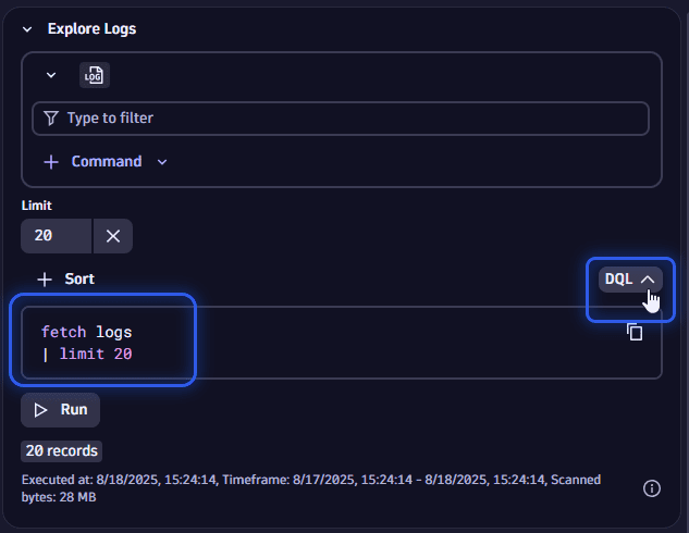 Example: show DQL in an Explore tile: expanded