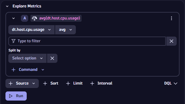 Explore metrics example: additional options after you select a metric