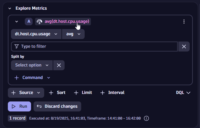Explore metrics example: select metric to add alias
