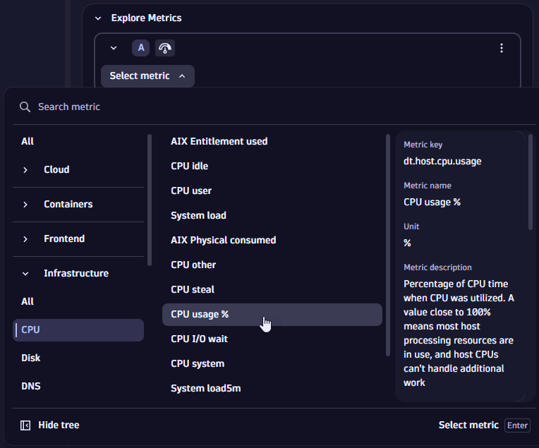 Explore metrics example: browse for metric