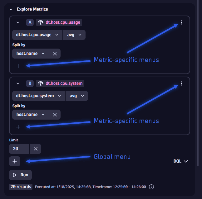 Metric explorer: menu scopes