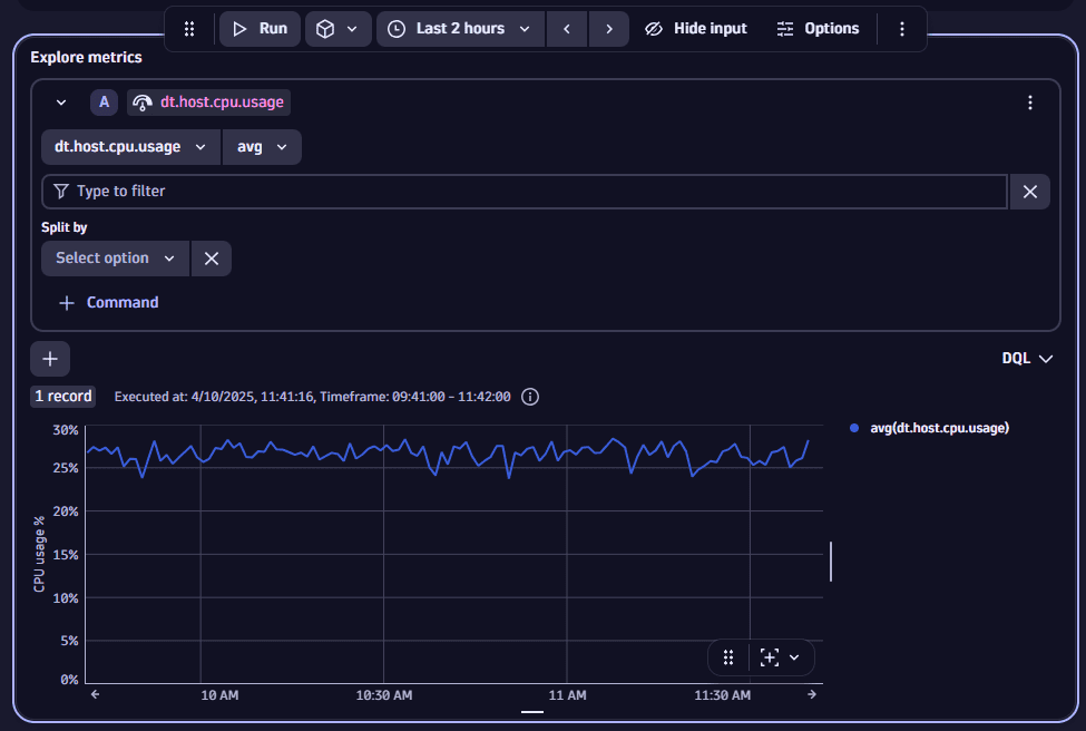 Explore metrics: metric selected, run, view results